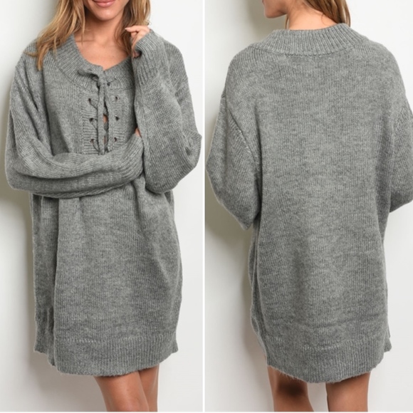 Grey Lace up sweater Dress - Picture 1 of 3